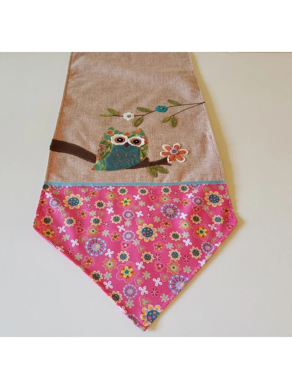 Owl Table Runner Floral Felt Applique Embroidery Ribbon Spring Summer Pink